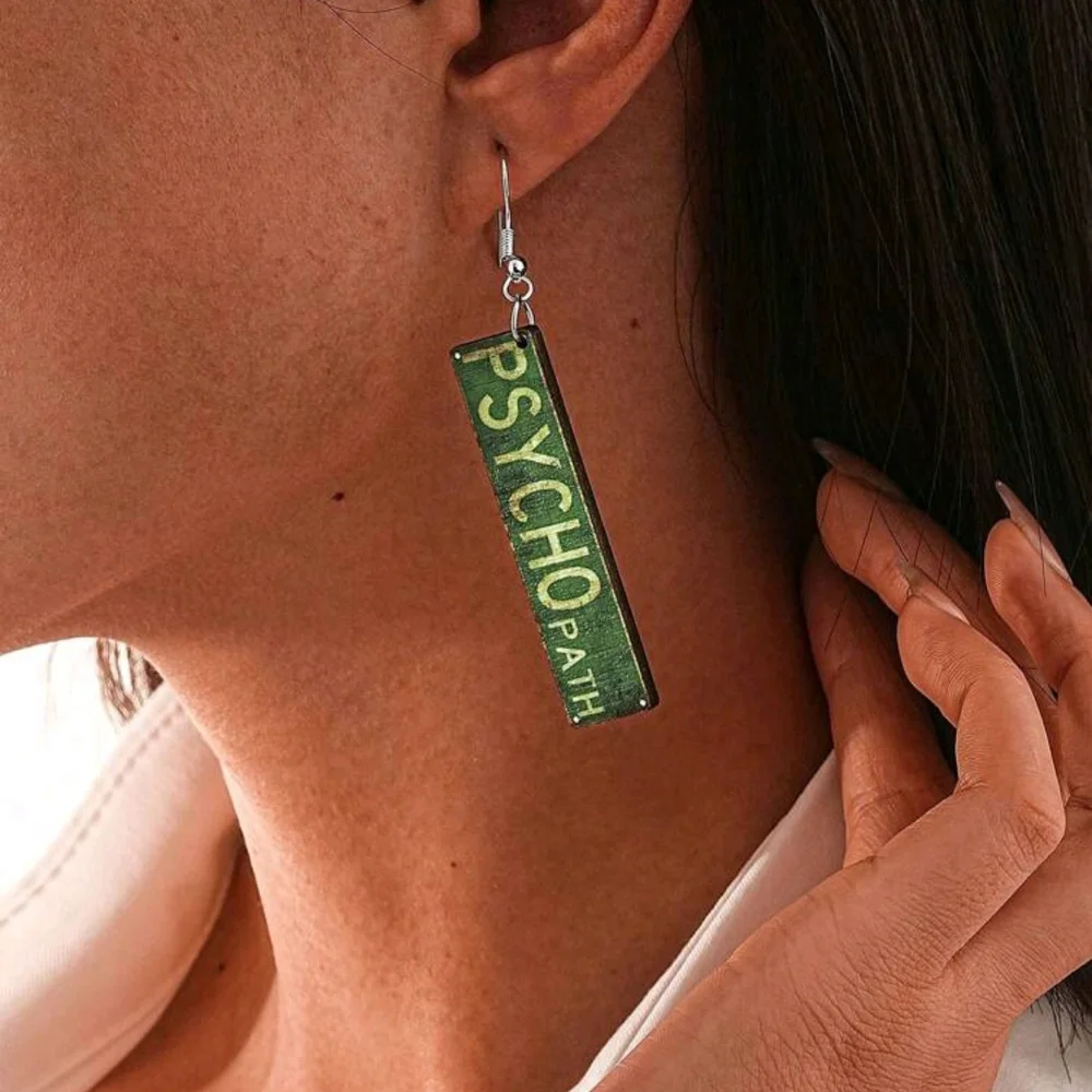 Green 'PSYCHO PATH' Horror Funny Graphic Wood Rectangular Dangle  Earrings New!